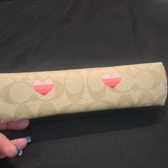 Coach Heart Patterned Tan and Pink Women's Pencil Bag - Picture 4 of 5